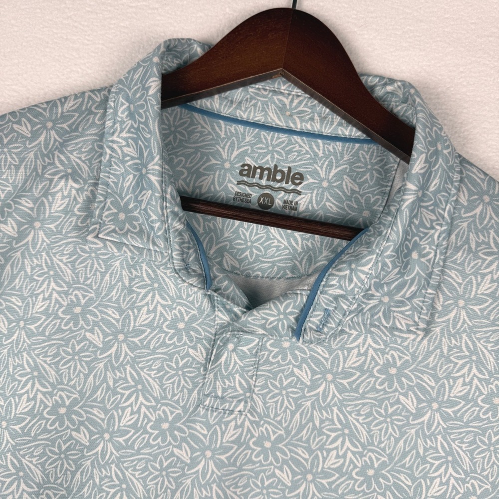 Amble Polo Shirt Mens XXL Blue Floral Performance Short Sleeve Golf Top